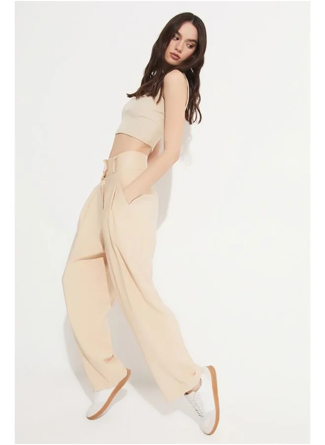 جون June Pleated Detailed Loose Trouser Mink