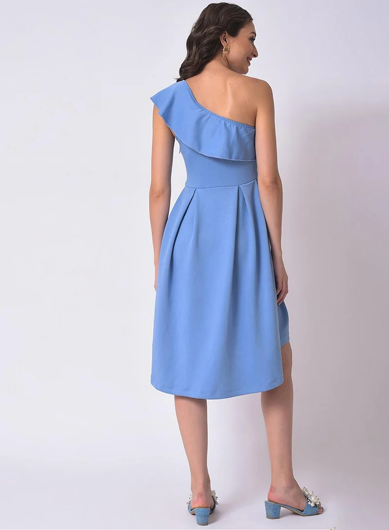 PINACOLADA PINACOLADA Women's Light Blue One-Shoulder Ruffle Detail Dress For Casual Wear | Sleeveless | Midi Length | Polyester Dress Crafted With Comfort Fit For Everyday Wear