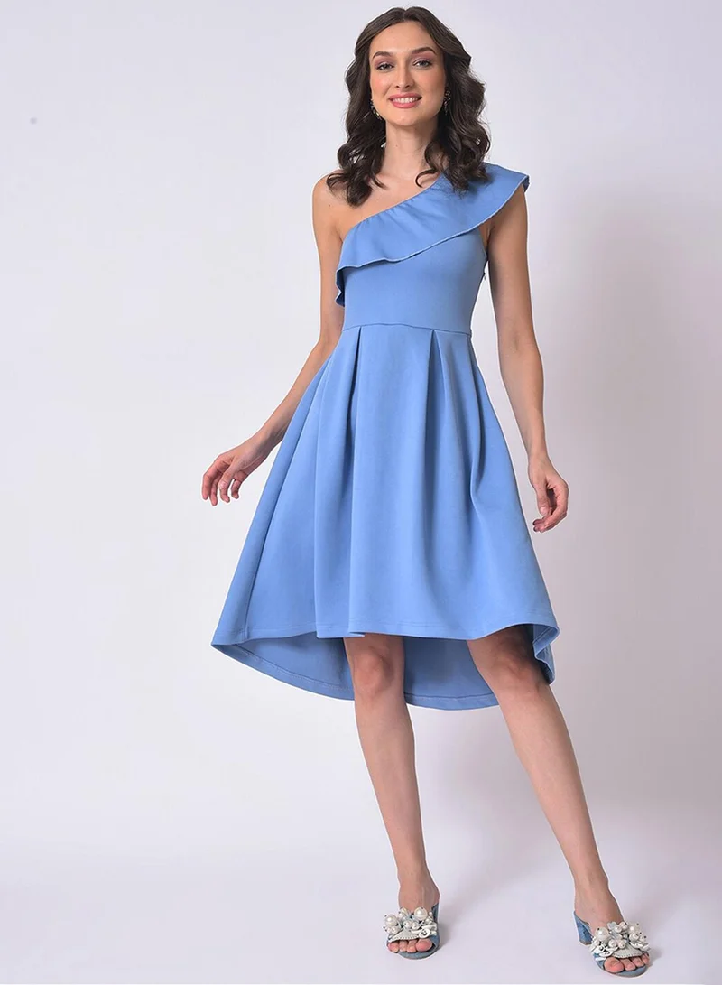 PINACOLADA PINACOLADA Women's Light Blue One-Shoulder Ruffle Detail Dress For Casual Wear | Sleeveless | Midi Length | Polyester Dress Crafted With Comfort Fit For Everyday Wear