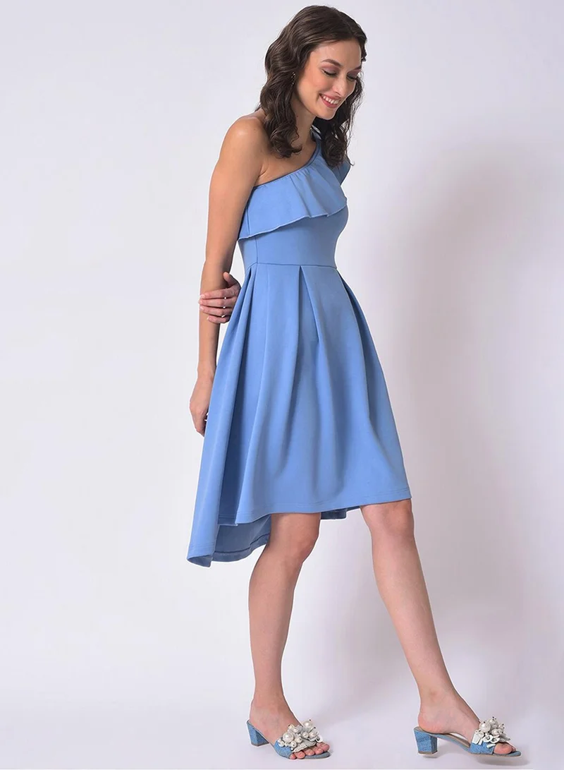 PINACOLADA PINACOLADA Women's Light Blue One-Shoulder Ruffle Detail Dress For Casual Wear | Sleeveless | Midi Length | Polyester Dress Crafted With Comfort Fit For Everyday Wear