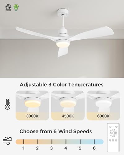Forrovenco 52 Inch Ceiling Fans with Lights Remote, White Ceiling Fans 3-Color Light, Timer, ETL Listed, 3 Downrods, 3 Blades, 6 Speed Modern Fan Quiet Reversible DC Motor for Patio Outdoor,52in,White - Image 3