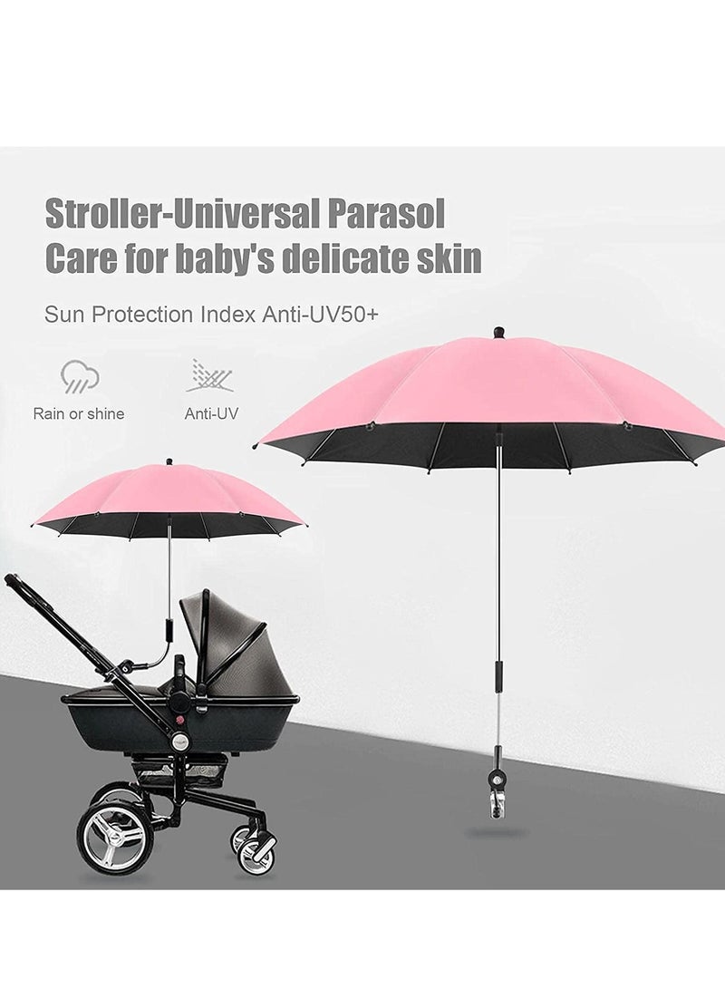 Baby Stroller Parasol, 75 cm Sunshade with Clip Universal Stroller UV Protection Umbrella 50+ Adjustable 360 Degree Waterproof Umbrella for Strollers, Strollers, Wheelchairs, Beach Chair - Pink - Image 2