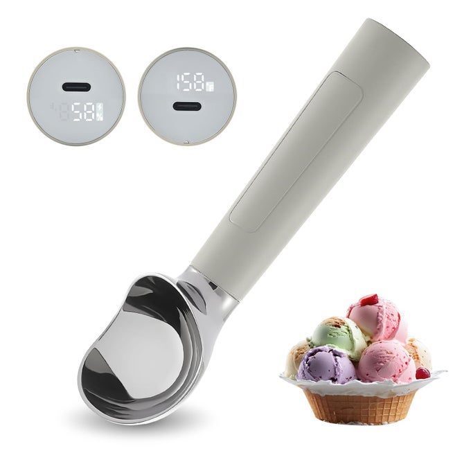 HEATED ICE CREAM SCOOP RECHARGEABLE ELECTRIC WARMING ICE CREAM SCOOPER WITH LED DISPLAY HEATS TO 158F FOR HARD ICE CREAM EASY FOR SENIORS KIDS IP67 WATERPROOF GREY 2 OZ