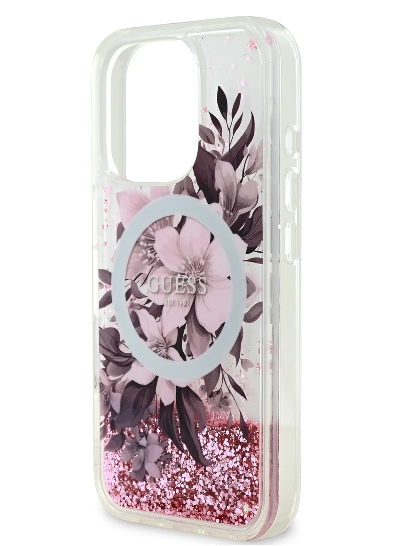 GUESS iPhone 16 Pro Magsafe Case Liquid Glitter Hard Cover with Flower Design / Drop protection / Easy Snap-On / Comfortable Grip-Pink
