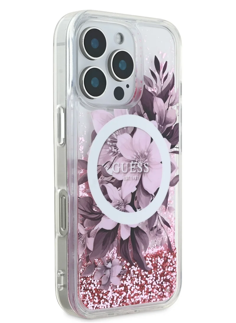 GUESS iPhone 16 Pro Magsafe Case Liquid Glitter Hard Cover with Flower Design / Drop protection / Easy Snap-On / Comfortable Grip-Pink