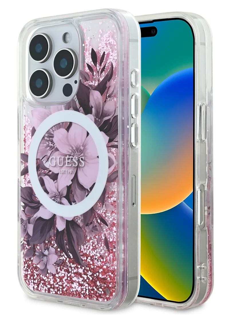 GUESS iPhone 16 Pro Magsafe Case Liquid Glitter Hard Cover with Flower Design / Drop protection / Easy Snap-On / Comfortable Grip-Pink
