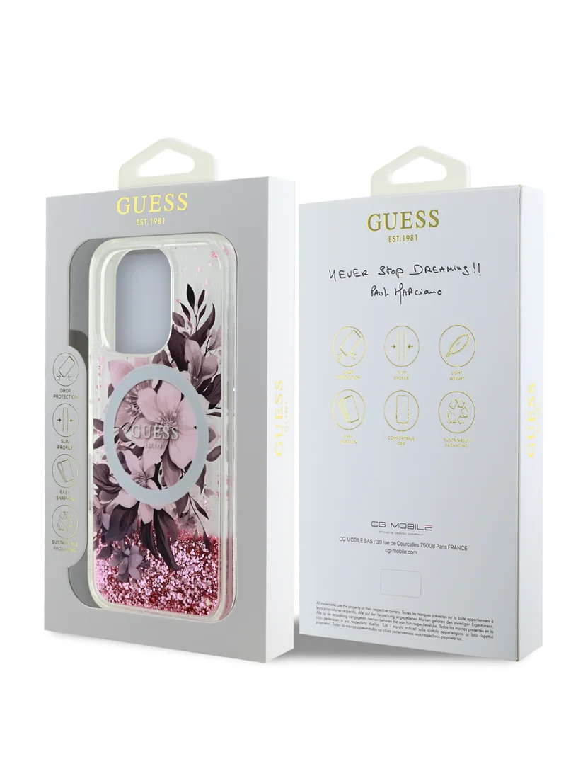 GUESS iPhone 16 Pro Magsafe Case Liquid Glitter Hard Cover with Flower Design / Drop protection / Easy Snap-On / Comfortable Grip-Pink