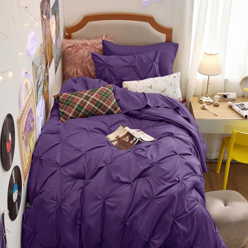 Bedsure Twin Comforter Set Purple  Bed in a Bag Twin Size 5 Pieces GentleSoft Pintuck Bed Set Gift for Family Pinch Pleat Purple Comforter with Sheets Pillowcase  Sham