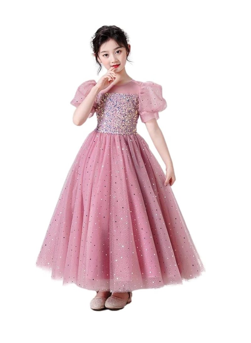 Fashionable Girls Dress Summer Princess Dress Sequined Puff Sleeve Ankle-length Mesh Flower Girl Jumpsuit  - Image 1