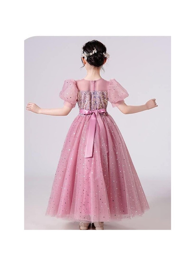 Fashionable Girls Dress Summer Princess Dress Sequined Puff Sleeve Ankle-length Mesh Flower Girl Jumpsuit  - Image 4