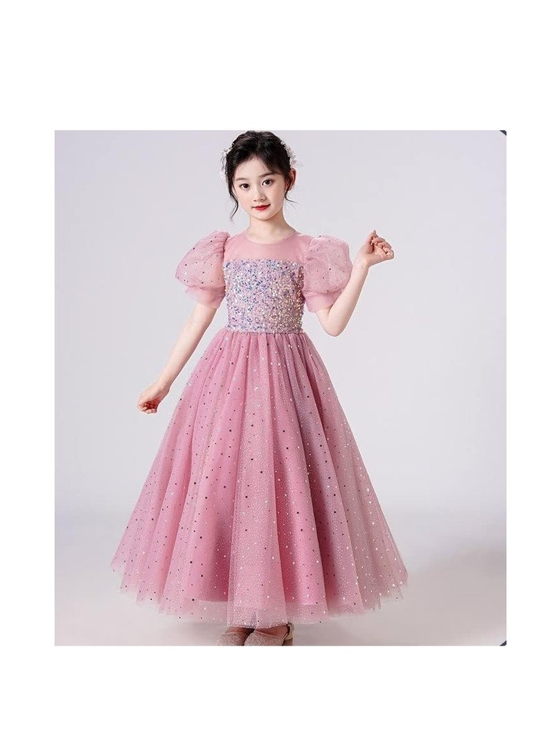Fashionable Girls Dress Summer Princess Dress Sequined Puff Sleeve Ankle-length Mesh Flower Girl Jumpsuit  - Image 2