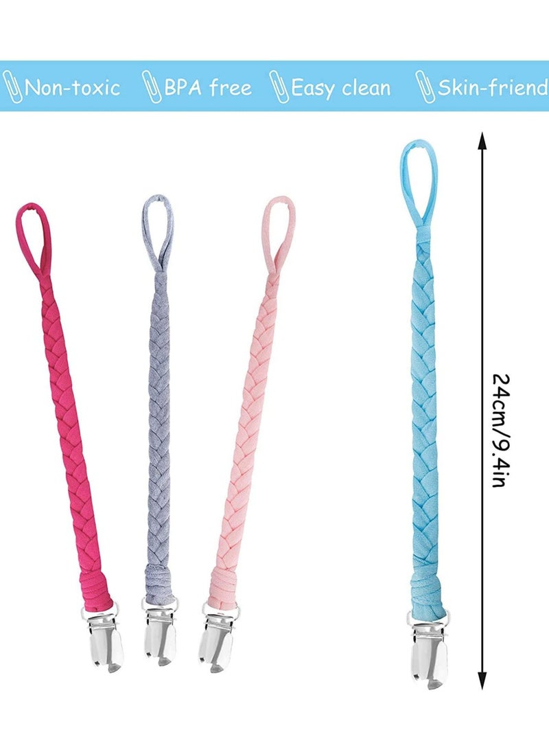 SYOSI 4 Pack Baby Dummy Clip Pacifier Strap Holder Multicoloured Soother Chain with Washable Leash for Unisex Newborn Braided and Cotton Style  - Image 5