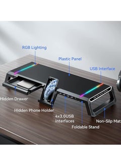 إيروريكس مصابيح ألعاب RGB بحامل لشاشة الكمبيوتر مع 4 محطات إرساء USB 3.0 HUB، ورافعات سطح طاولة قابلة للطي لشاشة الكمبيوتر، ودرج منظم للتخزين وحامل هاتف  - Image 2