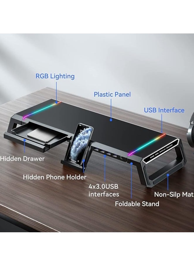 إيروريكس - مصابيح ألعاب RGB بحامل لشاشة الكمبيوتر مع 4 محطات إرساء USB 3.0 HUB، ورافعات سطح طاولة قابلة للطي لشاشة الكمبيوتر، ودرج منظم للتخزين وحامل هاتف - Image 1