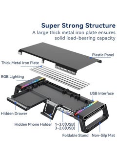 إيروريكس مصابيح ألعاب RGB بحامل لشاشة الكمبيوتر مع 4 محطات إرساء USB 3.0 HUB، ورافعات سطح طاولة قابلة للطي لشاشة الكمبيوتر، ودرج منظم للتخزين وحامل هاتف  - Image 3