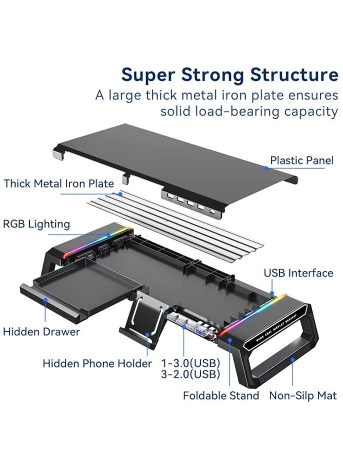 إيروريكس - مصابيح ألعاب RGB بحامل لشاشة الكمبيوتر مع 4 محطات إرساء USB 3.0 HUB، ورافعات سطح طاولة قابلة للطي لشاشة الكمبيوتر، ودرج منظم للتخزين وحامل هاتف - Image 1