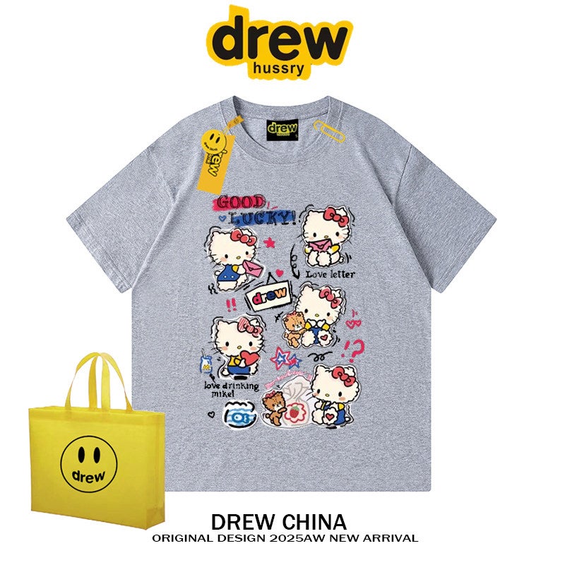Drew American fashion brand KT cat cartoon graffiti print short-sleeved T-shirt men and women street loose couple top INS summer - Image 2