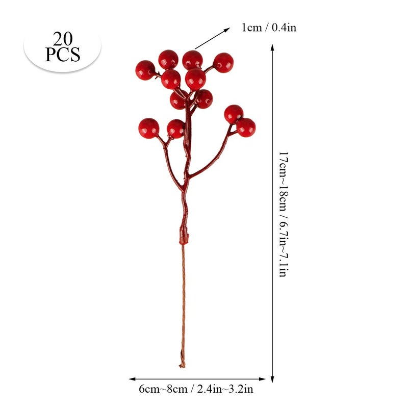 Fangoo 20 Pack 7 Inch Artificial Red Berry Picks for Christmas Tree Burgundy Red Berries Stems Holly Berry Branches Ornaments Wreath Crafts Wedding Holiday Season Winter Home Decor - Image 2