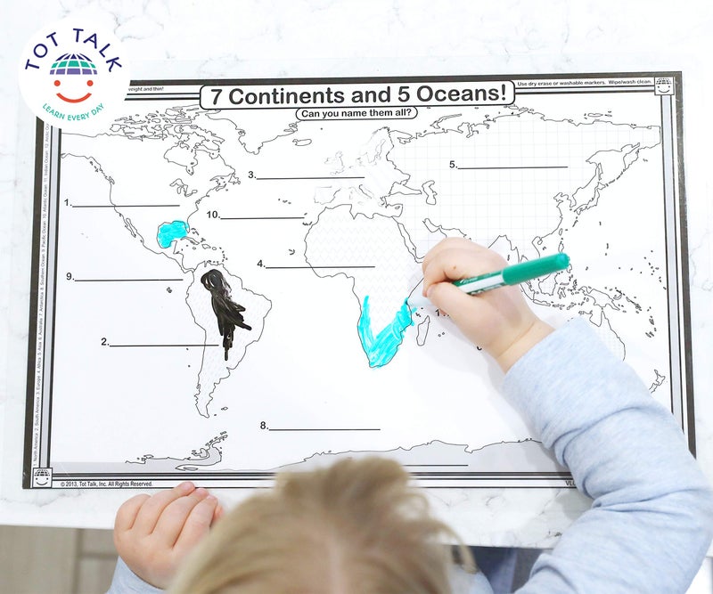 Tot Talk Geography Placemats for Kids - Map Placemats for Kids, Set of 4 Maps: USA, World, Asia, Europe - Reversible with Activities on The Back - Waterproof, Wipeable, Durable, Made in The USA - Image 2