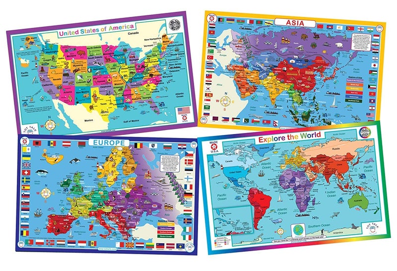 Tot Talk Geography Placemats for Kids - Map Placemats for Kids, Set of 4 Maps: USA, World, Asia, Europe - Reversible with Activities on The Back - Waterproof, Wipeable, Durable, Made in The USA - Image 1