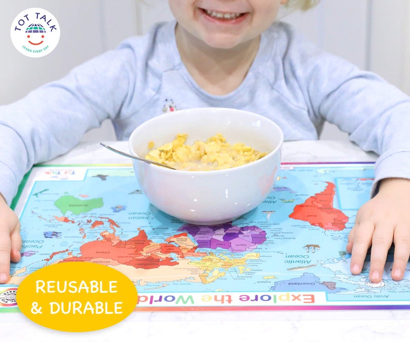 Tot Talk Geography Placemats for Kids - Map Placemats for Kids, Set of 4 Maps: USA, World, Asia, Europe - Reversible with Activities on The Back - Waterproof, Wipeable, Durable, Made in The USA - Image 4