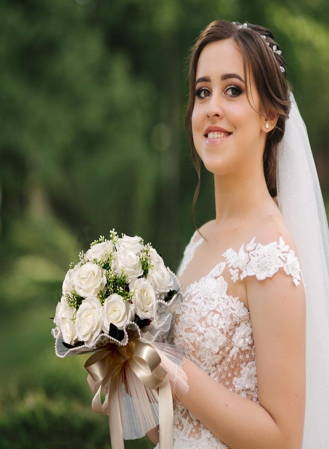 LEIFENY باقات زفاف من ليفيني للعروس، باقات عاجية بيضاء للعروس، باقات زهور صناعية للزفاف، باقات وصيفات العروس مع شريط حريري، عيد الحب، زينة - Image 5