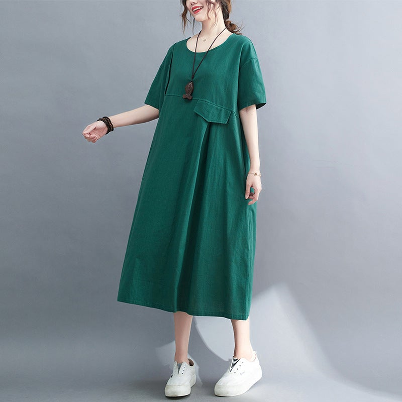 Real Shot 2022 Summer New Large Size Artistic Korean Cotton Linen Loose Slimming Womens Dress for Chubby Girls Round Neck Short Sleeve Dress Green