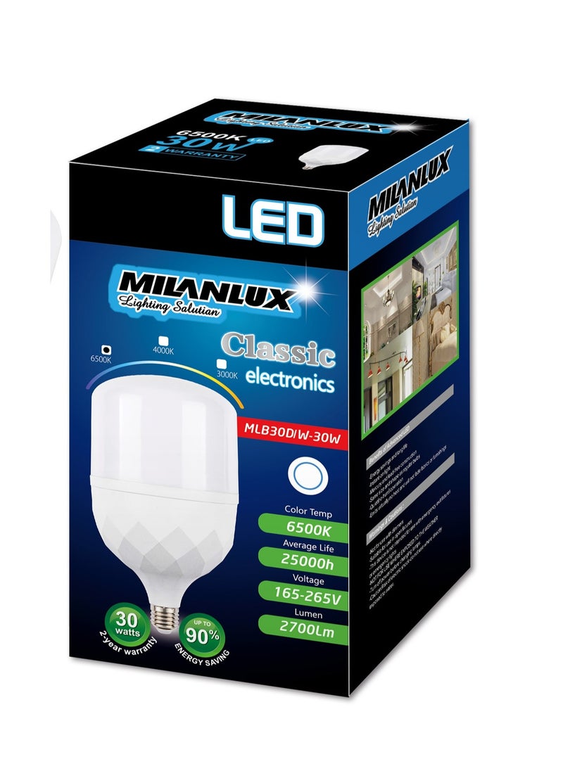 MILANLUX Milanlux Led Bulb, Non-Dimmable , 2700 Lumen, Day-Light White (6500), 30W, E27 Base  - Image 1