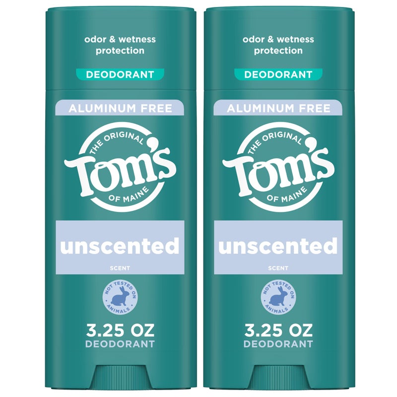 Tom's of Maine مزيل العرق الطبيعي الخالي من الألمنيوم بدون رائحة من تومز أوف مين للنساء والرجال | يطبق بشكل شفاف | حماية من الروائح والرطوبة | مكونات مشتقة طبيعياً وقادرة على حبس الرطوبة | 3.25 أونصة (عبوتين)  - Image 1