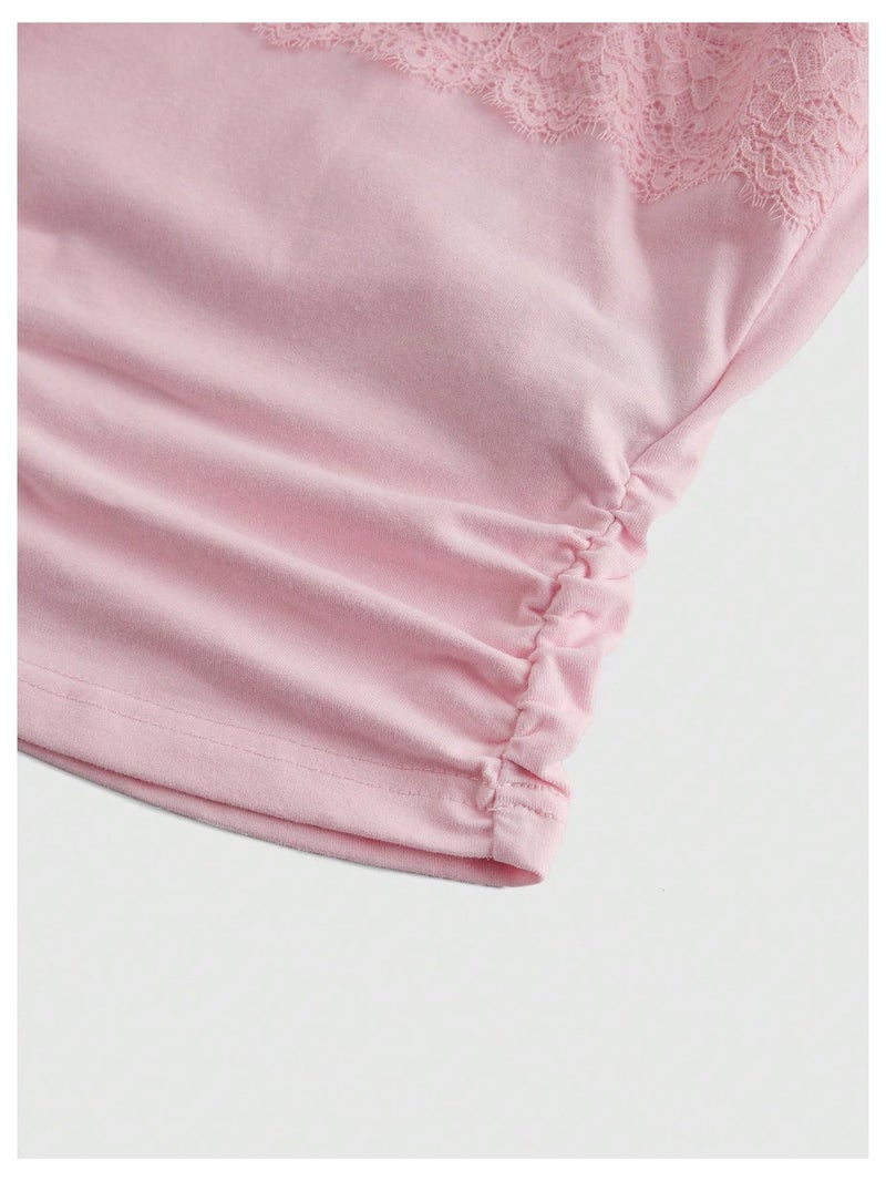 OYOANGLE Women's Y2k Halter Tank Tops Floral Embroidery Bow Lace Trim Ruched Fitted Sleeveless Going Out Top Pink Medium - Image 5