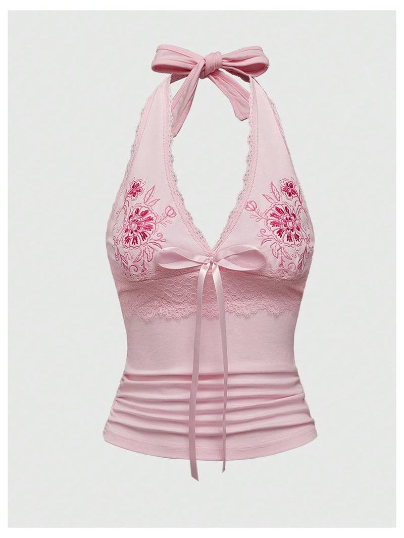 OYOANGLE Women's Y2k Halter Tank Tops Floral Embroidery Bow Lace Trim Ruched Fitted Sleeveless Going Out Top Pink Medium - Image 3