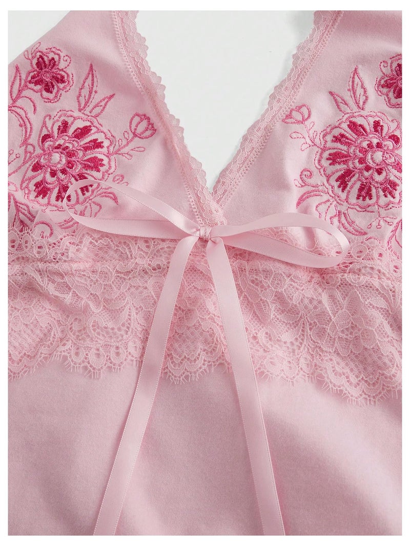OYOANGLE Women's Y2k Halter Tank Tops Floral Embroidery Bow Lace Trim Ruched Fitted Sleeveless Going Out Top Pink Medium - Image 4