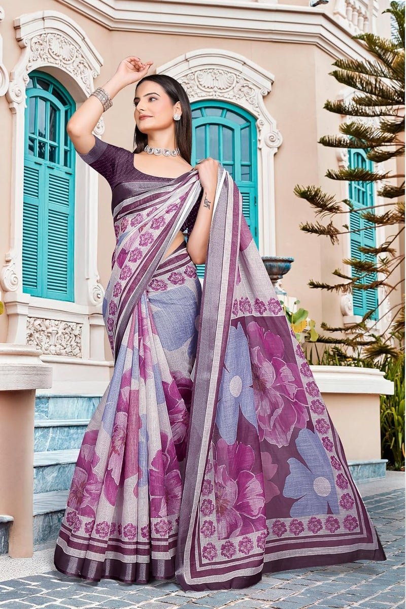 Sidhidata ساري سيديداتا النسائي المطبوعة رقمياً من مزيج القطن والكتان مع قطعة بلوزة غير مخيطة بألوان متعددة من النبيذ - Image 5