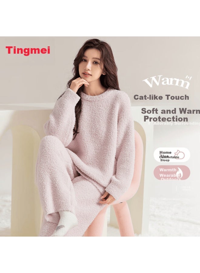GRACEWELL Tingmei Warm Plush Half-side Velvet Women's Autumn Winter Pajamas Fleece Thickened Home Sweater Thermal Coral Fleece Set - Image 1