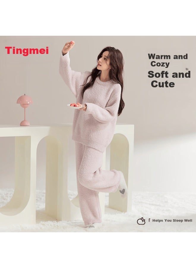 GRACEWELL Tingmei Warm Plush Half-side Velvet Women's Autumn Winter Pajamas Fleece Thickened Home Sweater Thermal Coral Fleece Set - Image 5