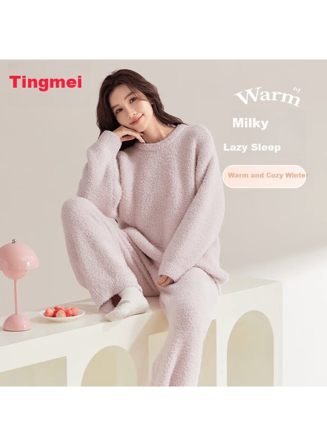 GRACEWELL Tingmei Warm Plush Half-side Velvet Women's Autumn Winter Pajamas Fleece Thickened Home Sweater Thermal Coral Fleece Set - Image 4