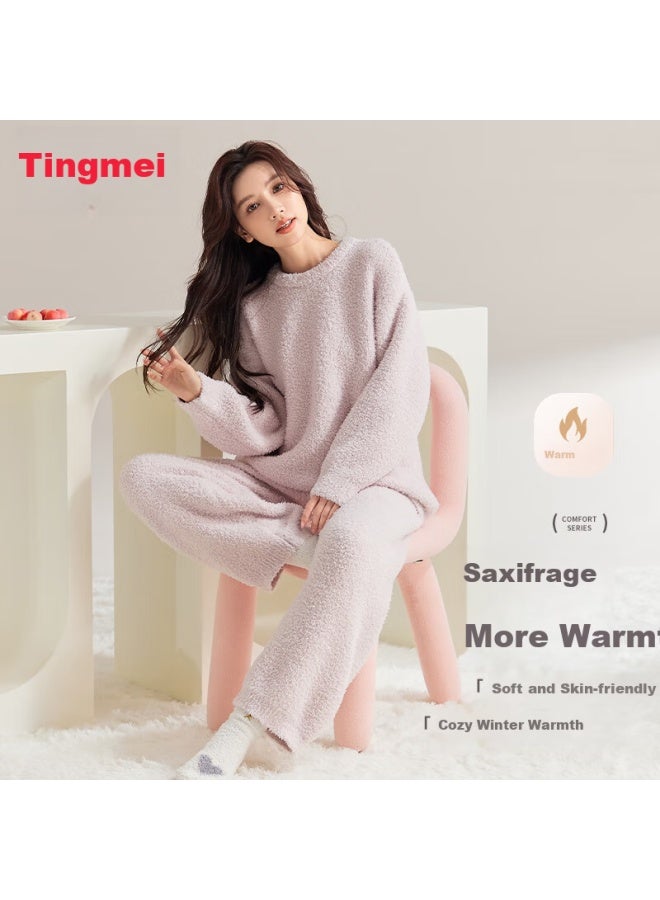 GRACEWELL Tingmei Warm Plush Half-side Velvet Women's Autumn Winter Pajamas Fleece Thickened Home Sweater Thermal Coral Fleece Set - Image 2