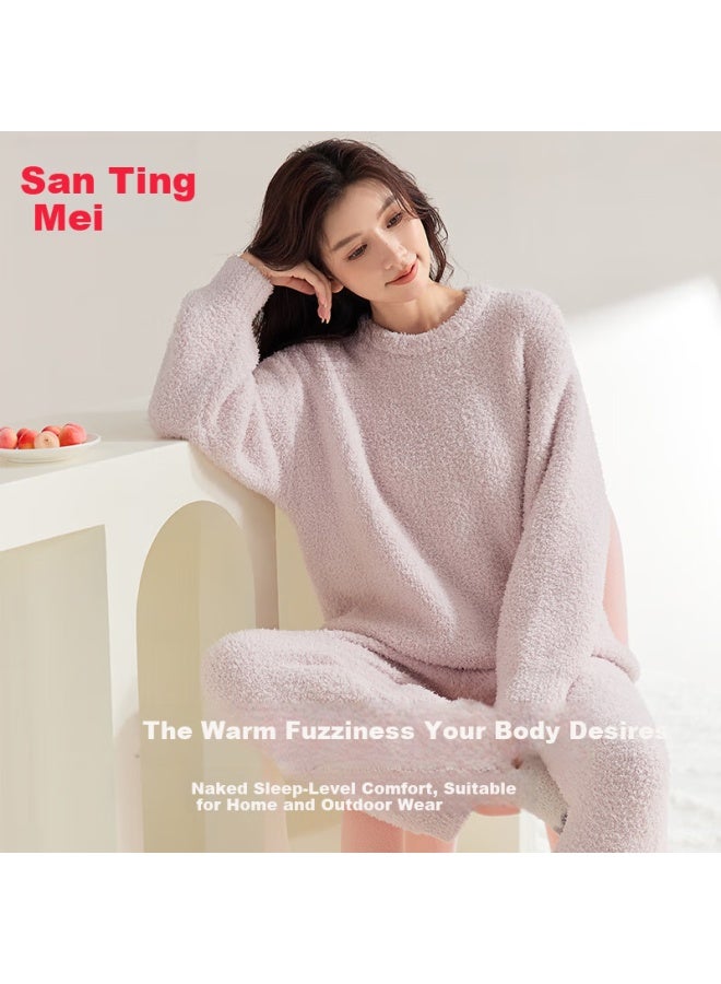 GRACEWELL Tingmei Warm Plush Half-side Velvet Women's Autumn Winter Pajamas Fleece Thickened Home Sweater Thermal Coral Fleece Set - Image 3