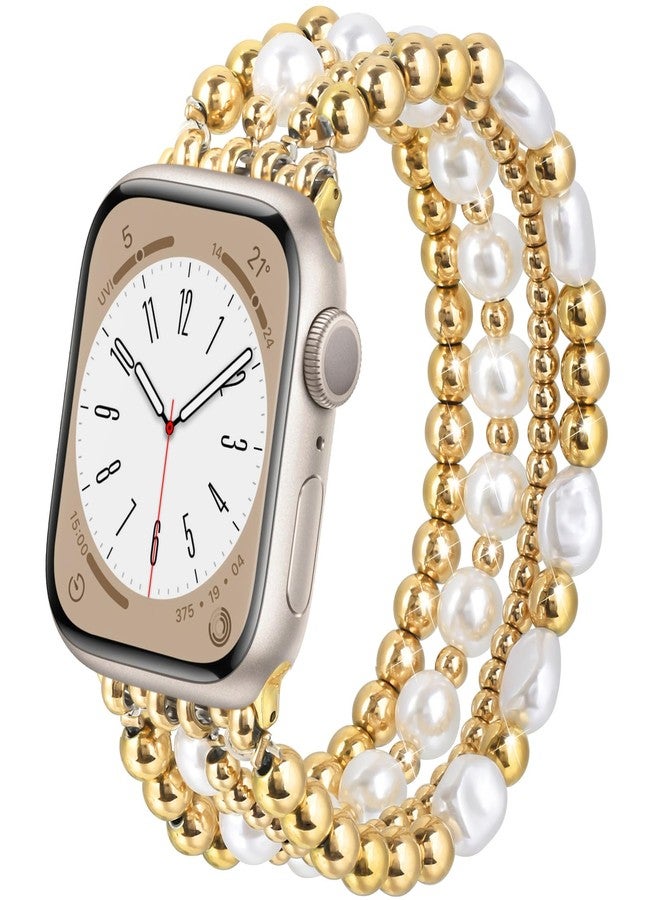 AIRSPO Gold Beaded Bracelets Compatible for Apple Watch Band 38mm 40mm 41mm 42mm 44mm 45mm Women, Fashion Handmade Dressy iPhone Watch Bands Elastic Strap for iWatch Series SE 8 7 6 5 4 3 2 1 (Gold, 38mm/40mm/41mm-S(5.3"-6.2")) - Image 1
