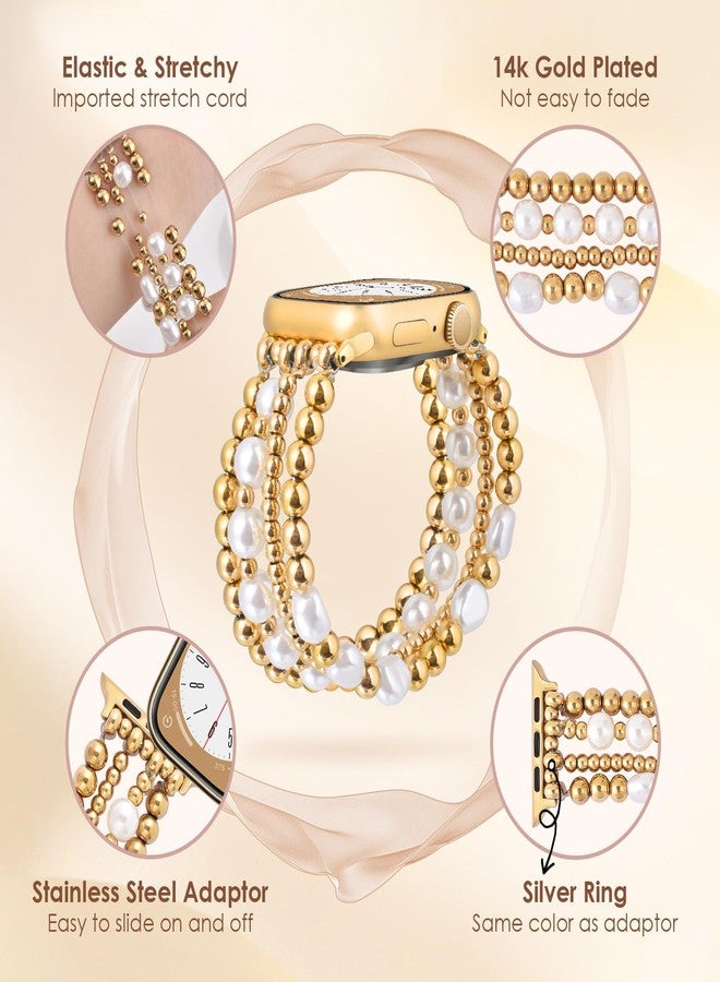 AIRSPO Gold Beaded Bracelets Compatible for Apple Watch Band 38mm 40mm 41mm 42mm 44mm 45mm Women, Fashion Handmade Dressy iPhone Watch Bands Elastic Strap for iWatch Series SE 8 7 6 5 4 3 2 1 (Gold, 38mm/40mm/41mm-S(5.3"-6.2")) - Image 5