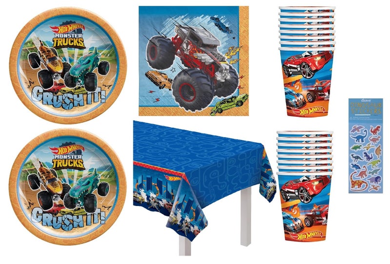 Amscan Hot Wheels Birthday Party Supplies Bundle Pack for 16 includes 16 Dessert Plates, 16 Napkins, 16 Cups, 1 Table Cover - Image 1