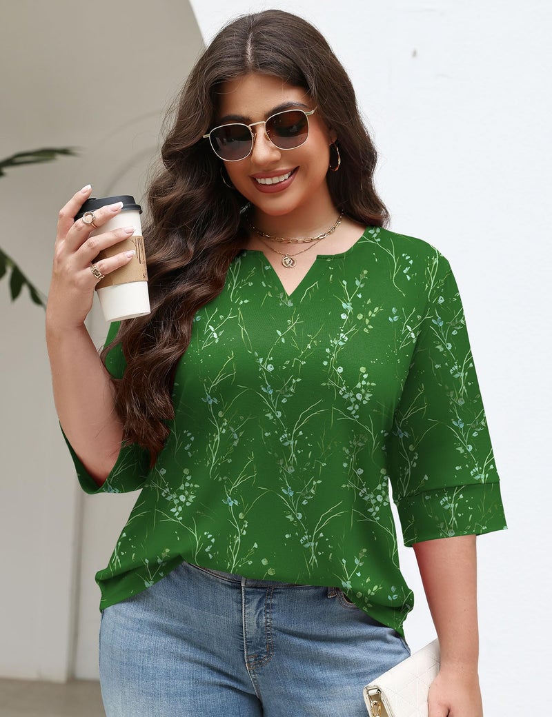 TFSDOD 3/4 Sleeve Tops for Women Plus Size Shirts for Women Loose Fit V Neck T Shirts Green Floral Blouse Spring Fashion 2026 4XL - Image 5