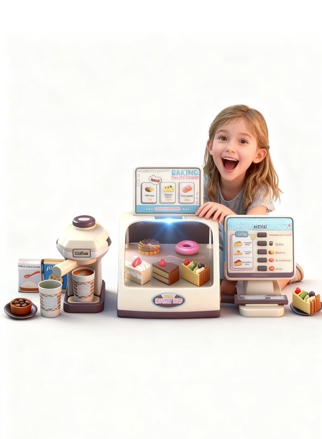 Quivlox Cash Register Playset,Kids Pretend Dessert Cash Register Toy Set with Coffee Machine & Sound Effects, Interactive Play Food with Lights, Role Play Learning for Social Skills Development for Toddlers 3-6 Years - Image 3
