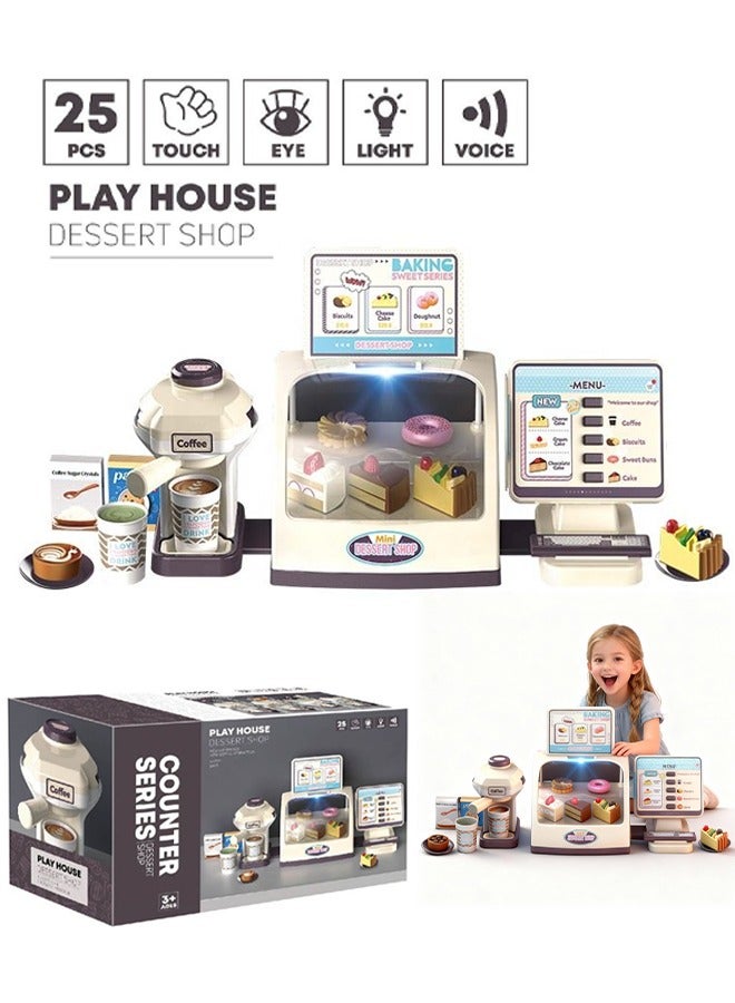 Quivlox Cash Register Playset,Kids Pretend Dessert Cash Register Toy Set with Coffee Machine & Sound Effects, Interactive Play Food with Lights, Role Play Learning for Social Skills Development for Toddlers 3-6 Years - Image 1