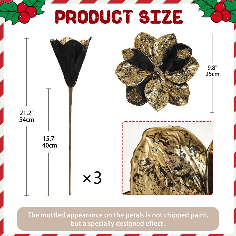 Briful 3PCS Magnolia Artificial Flowers 21.2" Black Gold Fake Magnolia Flower Stems with Specially Designed Mottled Petals Christmas Tree Flowers for Holiday Wreath Garland Xmas Decor - Image 2