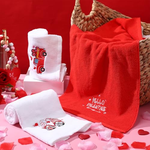 WovWeave 3 Pack Valentine's Day Bath Hand Towels Embroidered 100% Cotton 13.7 x 29.5 in Red Heart Love Bathroom Kitchen Decorations - Image 4