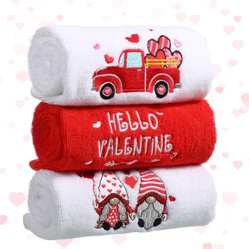 WovWeave 3 Pack Valentine's Day Bath Hand Towels Embroidered 100% Cotton 13.7 x 29.5 in Red Heart Love Bathroom Kitchen Decorations - Image 1