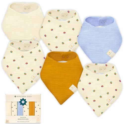 NINTARABABY Bandana Bibs – 100% Organic Muslin Cotton, 7-Layer Absorbent for Drooling, Teething & Feeding, Soft & Hypoallergenic, Adjustable Snap Buttons, Reversible, Baby Gift Ages 0–3, Pack of 6 - Image 1