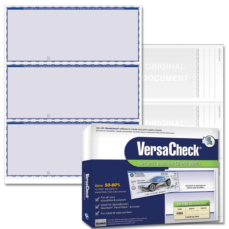 VersaCheck Secure Checks - 750 Blank Business Checks - Blue Premium - 250 Sheets Form #3000 - 3 Per Sheet - Image 1