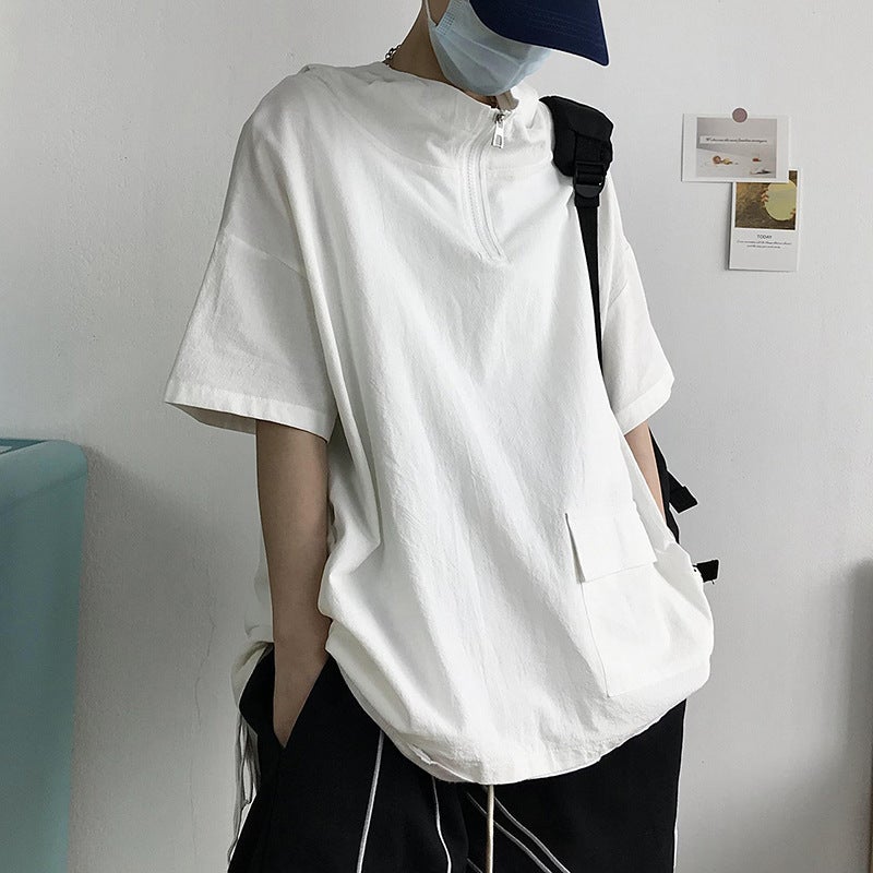 Hooded High Street T-shirt Short-sleeved Mens Summer Thin Trendy Brand Clothes Loose Hong Kong Style T-shirt ins Trendy All-match Half-sleeved T-shirt Black - Image 3